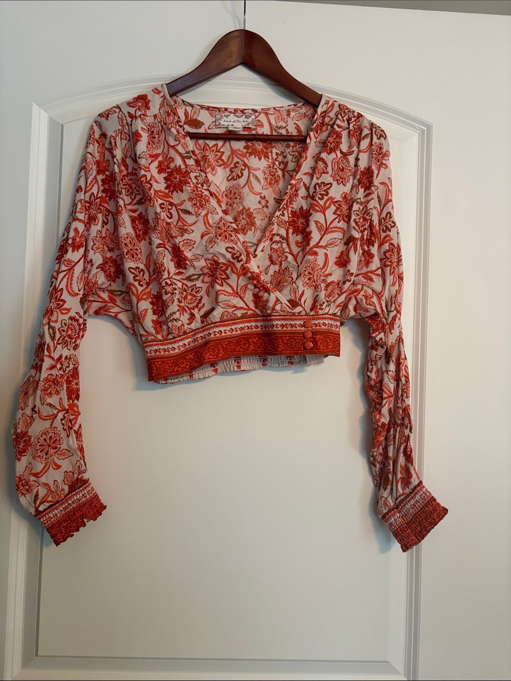 Red Floral Wrap Crop Blouse with Smocked Cuffs